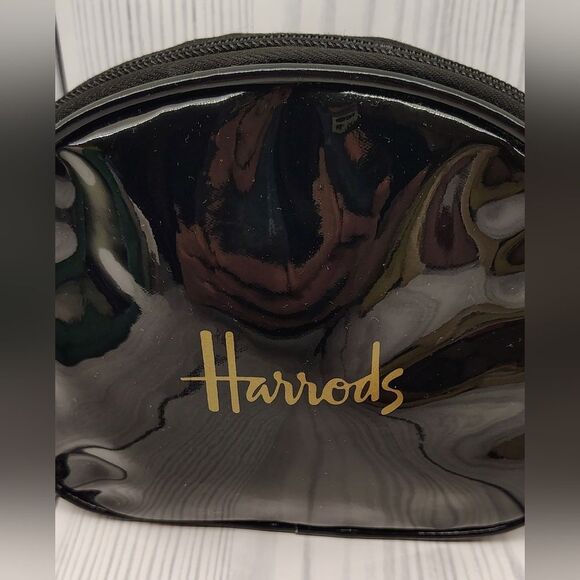 Harrods Glossy Black Patent Makeup Cosmetic Bag Case Gold Logo - Picture 13 of 14